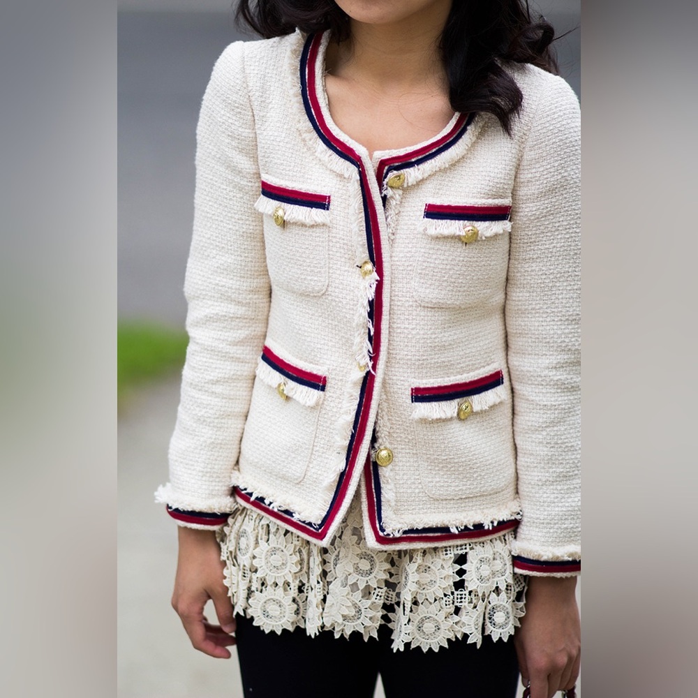 J crew Cream Tweed fringe Jacket 0